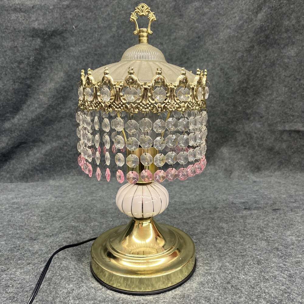 Vintage Hollywood Regency Pink Crystal Boudoir Lamp Cascading Prisms Taiwan 70s